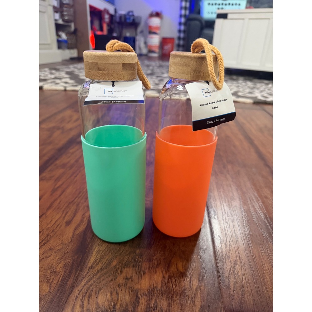 Mainstays Glass Water Bottle Set 25oz Aqua Coral NEW Bamboo Lid Silicone Sleeve